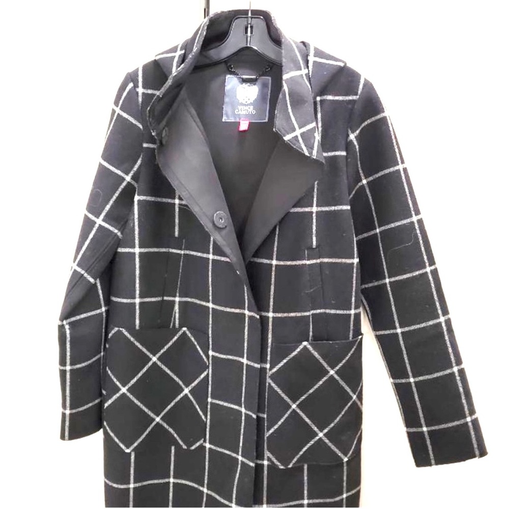 Vince Camuto M black whit plaid hooded coat